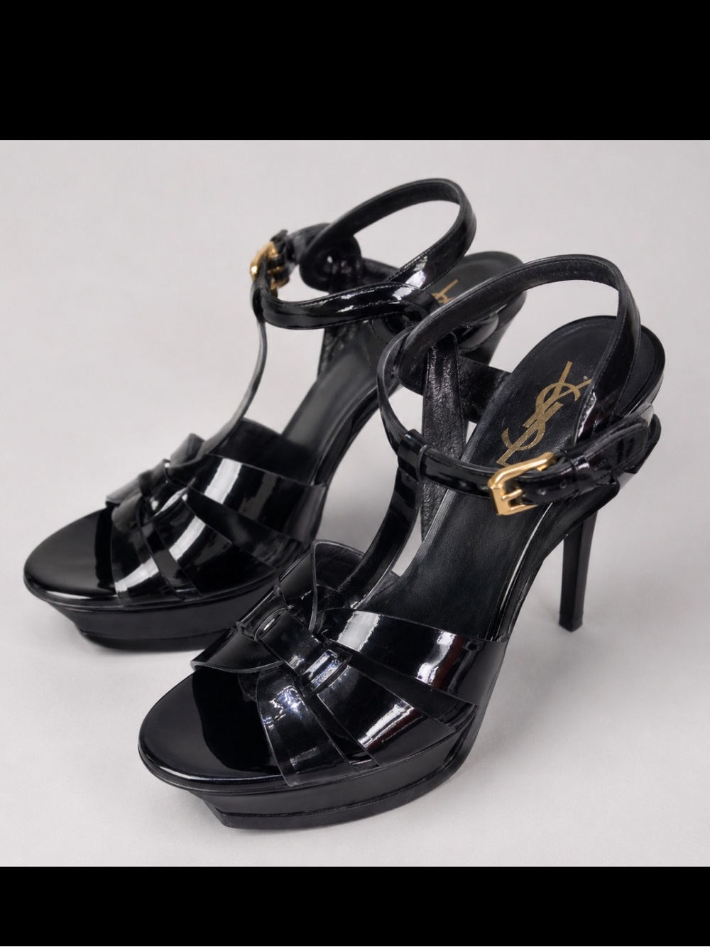 Yves Saint Laurent Black Patent Platform T-Strap Heels with Gold Buckle